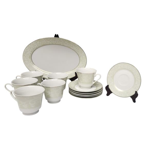 JCPenney Chris Madden Chambour Green White Silver Cup & Saucer/ Platter - Picture 1 of 11